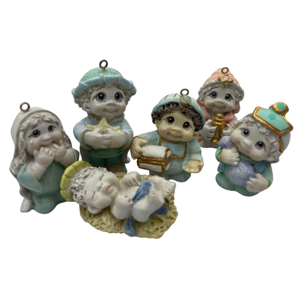 Vintage Hand-Painted Ceramic Nativity With Baby Jesus Ornaments Set Of 6
